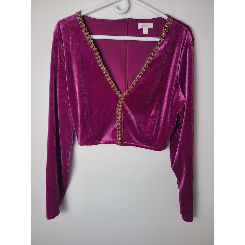 Vtg Candies Wm XXl Velvet Crop‎ Top Magenta Purple Gold Lace V-Neck Romantic Y2K